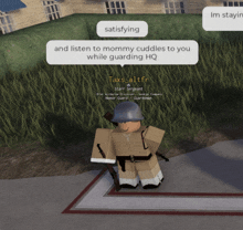 a video game character says satisfying and listen to mommy cuddles to you while guarding