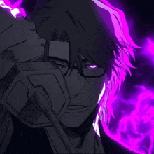 a man with glasses and purple hair is holding a sword