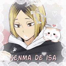 a picture of kenma de isa with a white cat on his shoulder