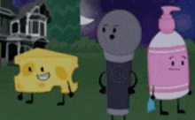a microphone , a soap dispenser , and a piece of cheese are standing next to each other in a field .
