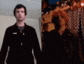 a man in a black jacket stands next to another man