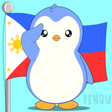 a penguin is saluting in front of a flag with the word pengu on it