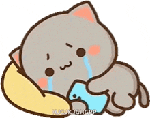a cartoon cat is laying on a pillow and crying while holding a bottle of water .