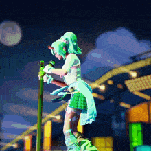 a girl with green hair is holding a sword