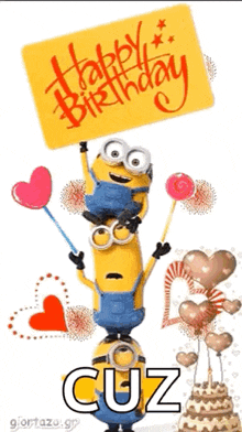 two minions are stacked on top of each other holding a sign that says `` happy birthday cuz '' .