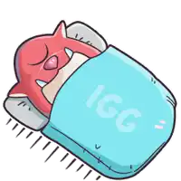 a cartoon drawing of a monster sleeping under a blue blanket that says igg on it