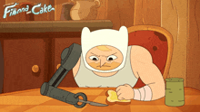 a cartoon character from finna and cake cutting a piece of bread with scissors