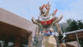 a cartoon character is standing in front of a building and holding a sword