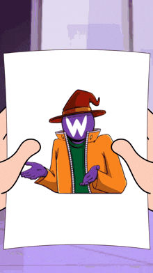 a person is holding a piece of paper with a cartoon character with the letter w on his face