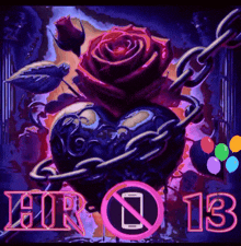 a picture of a heart chained to a rose with the number 13 on it