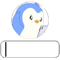 a blue and white penguin is looking at a cell phone with a hello button below it