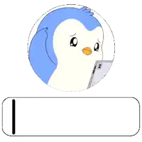 a blue and white penguin is looking at a cell phone with a hello button below it