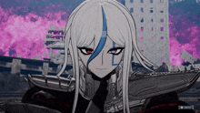 a screenshot of a video game shows a character with long white hair and red eyes