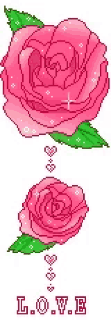 a pixel art drawing of two pink roses with the word love above them .