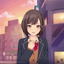 a girl in a school uniform stands in front of a building that says apollo