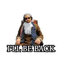 a man in a brown coat is sitting in a red leather chair with the words " full be back " below him