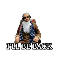 a man in a brown coat is sitting in a red leather chair with the words " full be back " below him