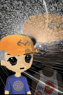 a boy wearing an orange hat and a blue shirt with the word sid on it