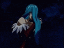 a woman with blue hair is standing in the dark