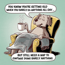 a cartoon of a dog in a chair with a cup of coffee