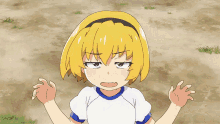 a girl with yellow hair is wearing a white shirt with a blue collar