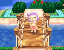 a cartoon character with purple hair is standing on a wooden bridge