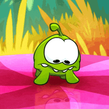 a green cartoon character is standing on a pink swirl