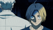 a drawing of a man with blue hair and a white shirt