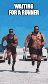 two men are running in a parking lot with the words waiting for a runner on the bottom