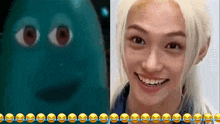 a picture of a cartoon character next to a picture of a man with blonde hair .
