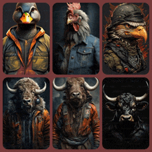 a collage of six images of animals with their heads on jackets