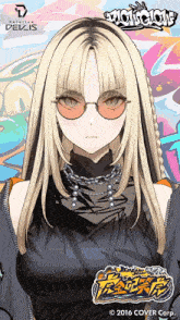 a girl with long blonde hair is wearing glasses and a black shirt