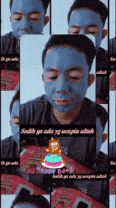 a man with a blue mask on his face is holding a cake