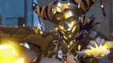 a video game character is wearing a gold mask and holding a gun in her hand