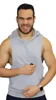 a man with a beard is wearing a grey tank top and a watch