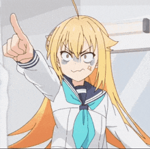 a cartoon girl with long blonde hair is pointing her finger