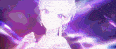 a girl with white hair and pink eyes is wearing a white dress and a purple background .