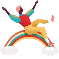 a man is sitting on a rainbow with his arms outstretched