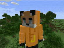 a minecraft fox wearing an orange hoodie with the letter f on it