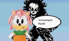 a stuffed amy rose is standing next to a skeleton and talking .