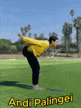 a man in a yellow jacket is doing a trick on a field with the name andi palingei on the bottom
