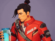 a man wearing a red jacket with the word lava on the sleeve