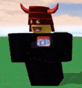 a roblox character wearing a red bucket hat and a black shirt with a tnt logo on it .