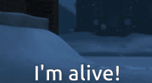 a cartoon character says i 'm alive in front of a building