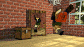 a minecraft character is jumping in front of a mirror in a room
