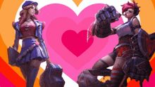 two women standing next to each other in front of a heart