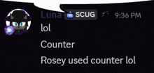 a screen shot of a chat between luna scug and rosey