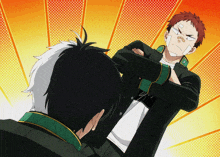 a man with a bandage on his face stands next to another man with his arms crossed