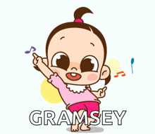 a cartoon girl is dancing with the word gramsey written below her