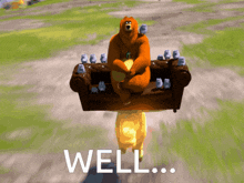 a cartoon bear is sitting on a couch with owls on it and the words well below him
